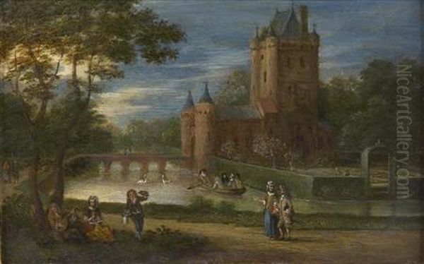 Elegant Figures In A Castle Grounds Oil Painting by Gillis Neyts