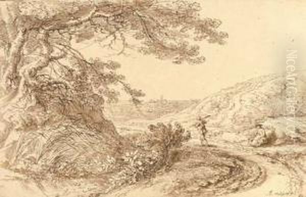 A Landscape With A Large Tree 
Overhanging A Track, A Traveller And A Seated Woman To The Right Oil Painting by Gillis Neyts