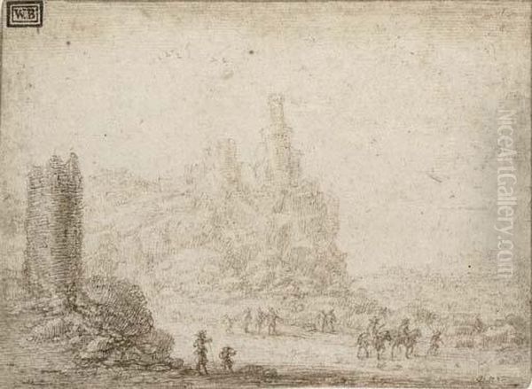 Soldiers And Cavalry Below A Ruined Castle Oil Painting by Gillis Neyts