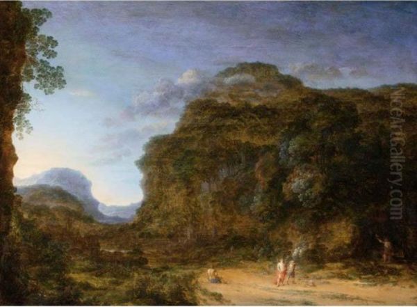 A Rocky Landscape With Figures And A Dog Oil Painting by Gillis Neyts