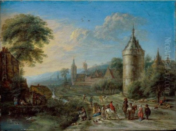 Village Scene With Cavaliers And
 Elegant Figures Conversing In The Foreground A 
Hunter Shooting Duck On A Pond Oil Painting by Gillis Neyts