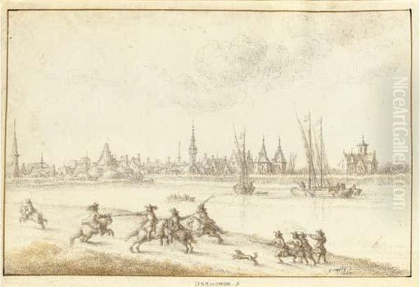 View Of Dendermonde Seen Across The River Schelde, A Cavalryskirmish In The Foreground Oil Painting by Gillis Neyts