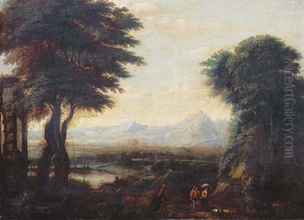 An Extensive River Landscape With Travellers And Their Flock On Apath Oil Painting by Gillis Neyts