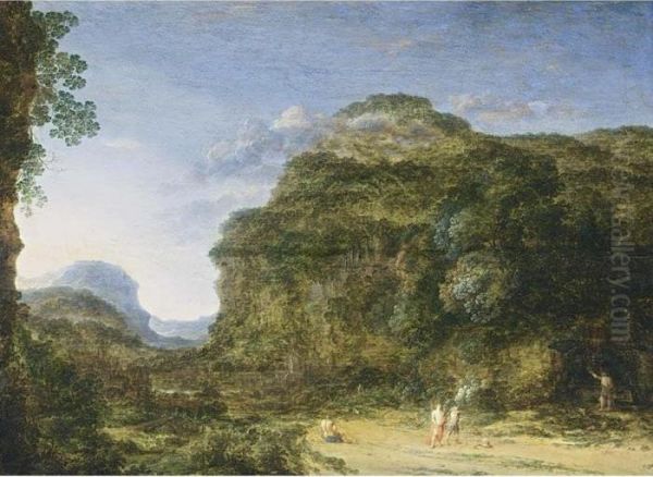 A Rocky Landscape With Figures And A Dog Oil Painting by Gillis Neyts