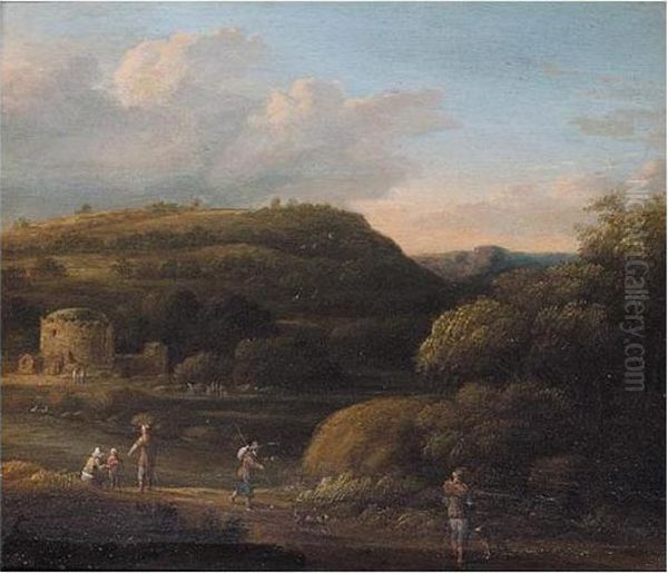 River Landscape, With Figures On A Track, And Classical Ruins Beyond Oil Painting by Gillis Neyts