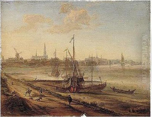 The Estuary Of The Schelde With A
 Mediterranean Galley Beached, And A Distant View Of Antwerp Oil Painting by Gillis Neyts