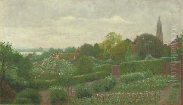 View Of A Garden With The Church Spire Of Rhenen In The Background Oil Painting by Ferdinand Hart Nibbrig