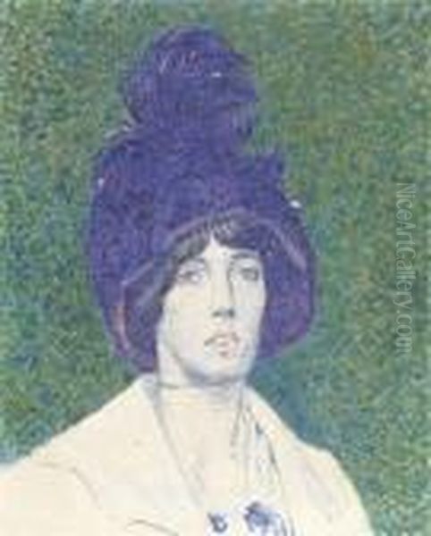 Dame Met Blauwe Hoed - Lady With Blue Hat Oil Painting by Ferdinand Hart Nibbrig