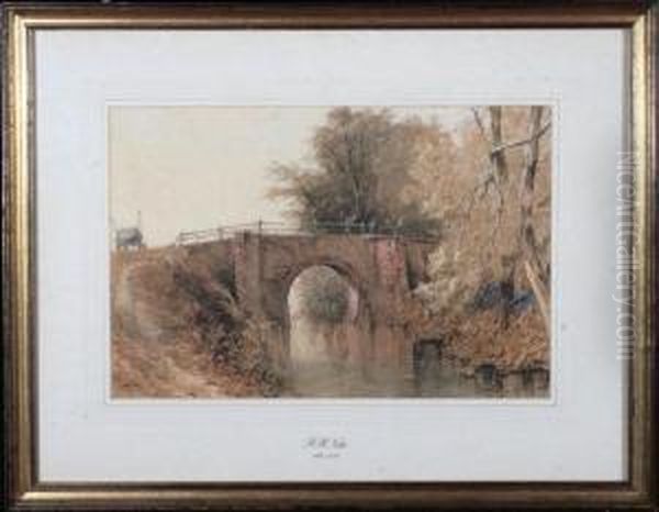 River Scene With A Single-span Bridge Oil Painting by Richard Henry Nibbs