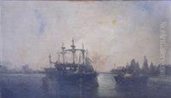 Warships And Other Shipping At Anchor Oil Painting by Richard Henry Nibbs