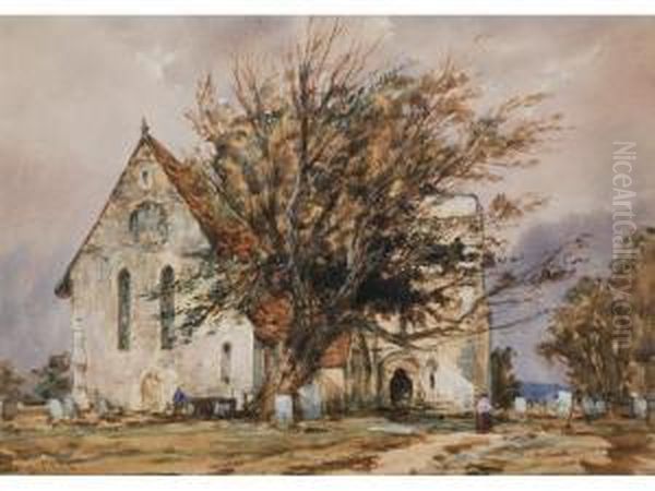 A Church Probably In Sussex With Aged Yew Tree, Gravestones And Figures Oil Painting by Richard Henry Nibbs