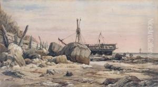 A Rocky Coastline With Beached Sailing Vessel And Attendant Figures Oil Painting by Richard Henry Nibbs