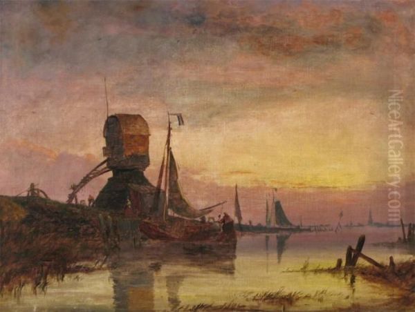 A Dutch River Near Rotterdam Oil Painting by Richard Henry Nibbs