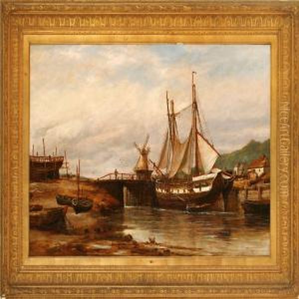 View Of A River With Sailing Ships At A Lock Oil Painting by Richard Henry Nibbs