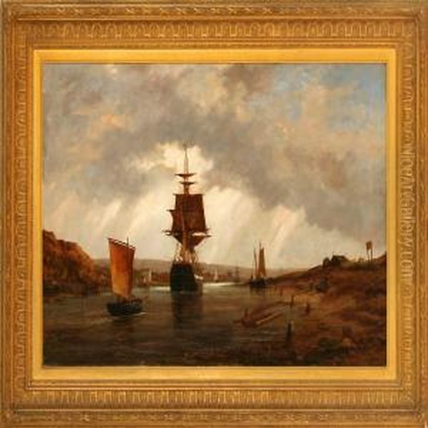 River Scene With Lively Ship Traffic Oil Painting by Richard Henry Nibbs