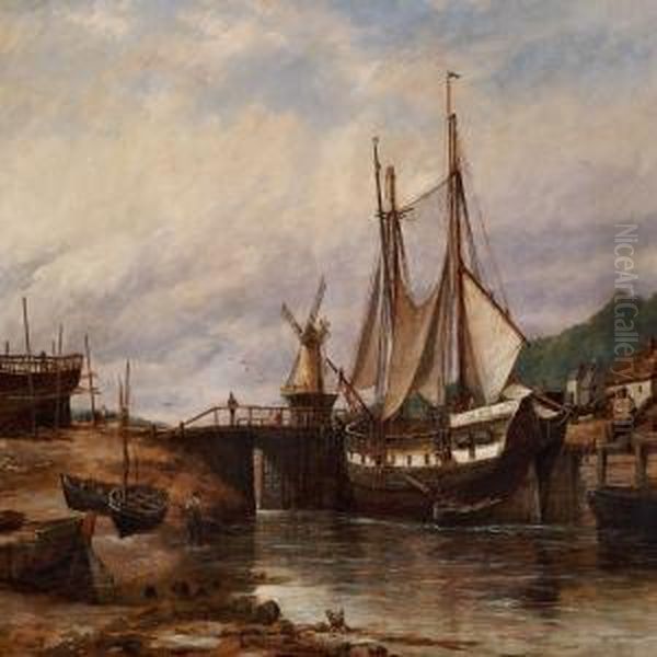 View Of A Riverwith Ships At A Lock Oil Painting by Richard Henry Nibbs