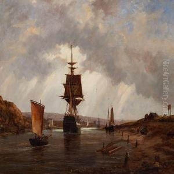 Ships On Ariver Oil Painting by Richard Henry Nibbs