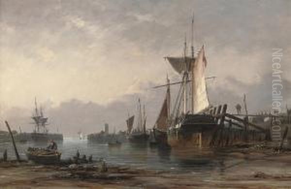 Low Water: Newhaven Harbour, Sussex Oil Painting by Richard Henry Nibbs