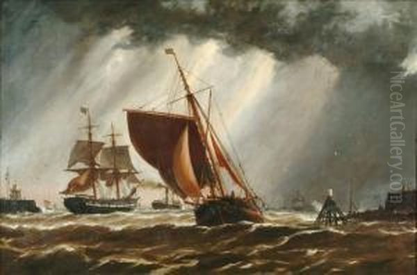 Vessels Inchoppy Waters At The Harbour Mouth Oil Painting by Richard Henry Nibbs