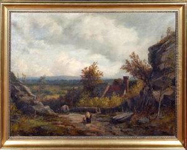 A Mother And Daughter Following A Horsecart Along A Lane Into Avillage Oil Painting by Richard Henry Nibbs