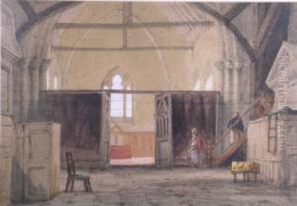 Figures In A Church Interior Oil Painting by Richard Henry Nibbs