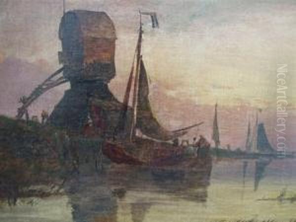 Dutch Canal Scene Near Rotterdam, Label Verso Oil Painting by Richard Henry Nibbs