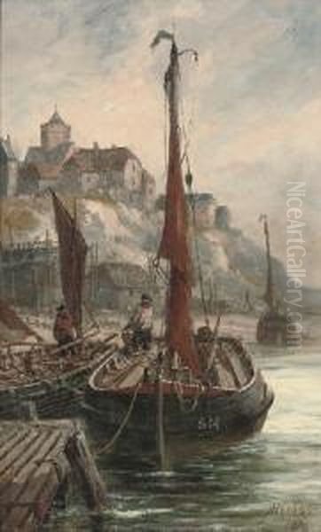 Fishing Boats Moored In Shoreham Harbour Oil Painting by Richard Henry Nibbs