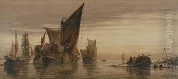 Boats In An East Coast Harbour Oil Painting by Richard Henry Nibbs