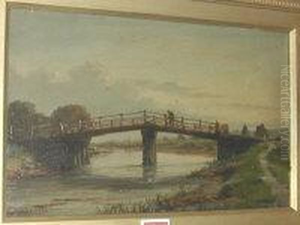 Figure On A Bridge Within A Landscape Oil Painting by Richard Henry Nibbs