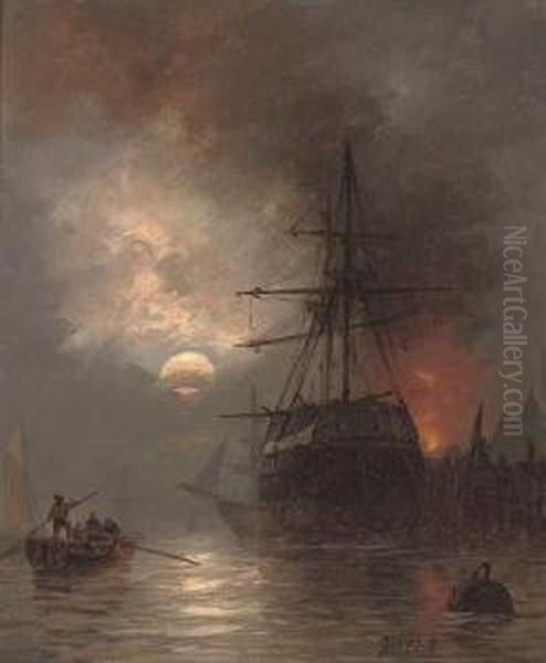 A Trading Brig In The Harbour By Moonlight Oil Painting by Richard Henry Nibbs