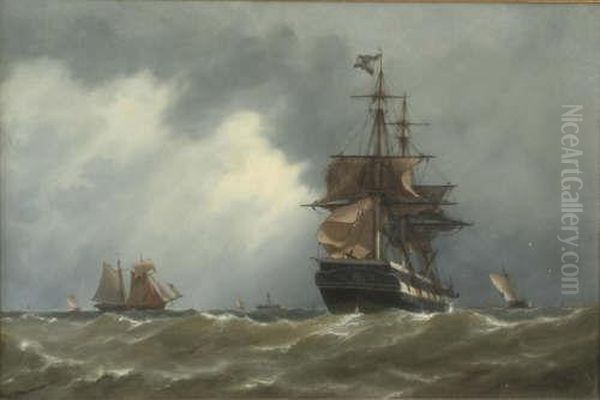 Shipping Off The Coast Signed And Dated 1881 20 X 30in Oil Painting by Richard Henry Nibbs