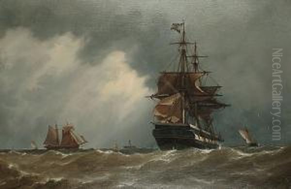 Heaving-to Off The Lightship Waiting For A Pilot Oil Painting by Richard Henry Nibbs