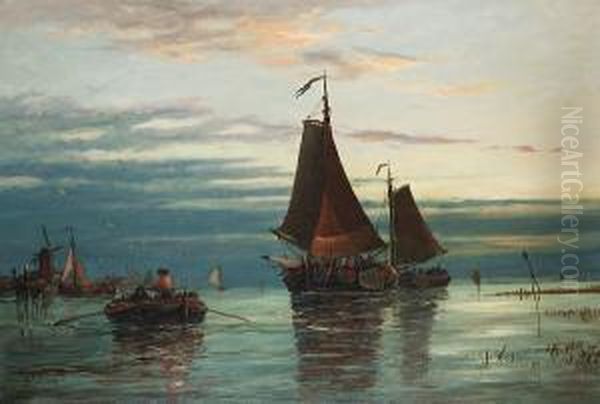 Calm In A Dutch Estuary Oil Painting by Richard Henry Nibbs