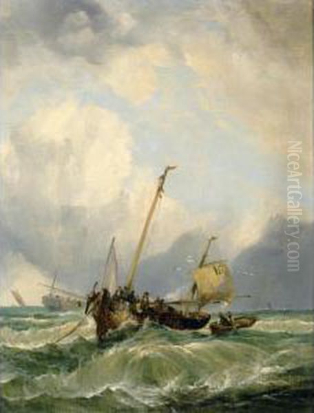 Fishing Boats In A Heavy Swell Oil Painting by Richard Henry Nibbs