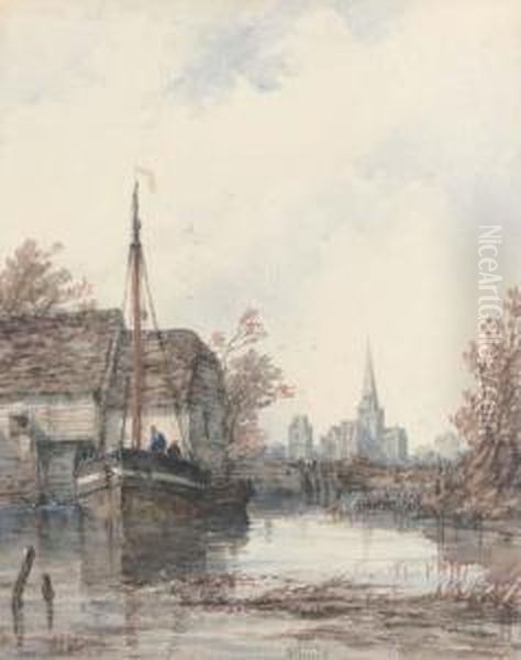 Chichester Cathedral From The Mill At Fishbourne Oil Painting by Richard Henry Nibbs