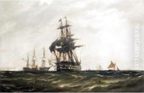 A Man-o-war Sailing Near Dover Oil Painting by Richard Henry Nibbs