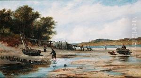 Fisherfolk On The Shore, Sussex Coast Oil Painting by Richard Henry Nibbs