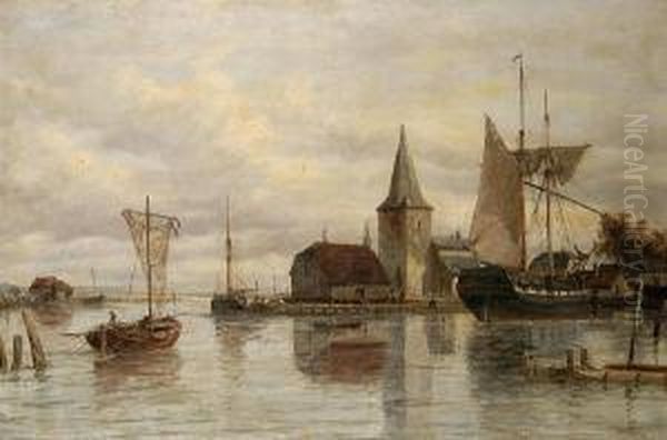 Boats In The Harbour Oil Painting by Richard Henry Nibbs