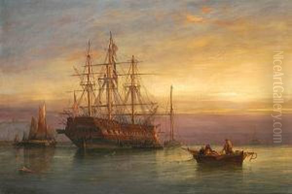 A Warship At Anchor On A Calm Evening Oil Painting by Richard Henry Nibbs