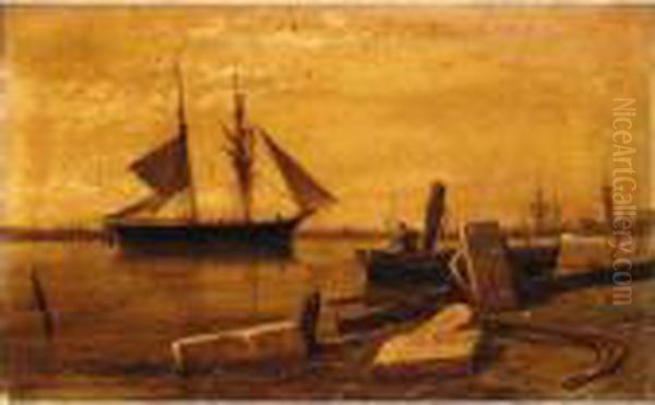 Brigantine, Shoreham Harbour Oil Painting by Richard Henry Nibbs