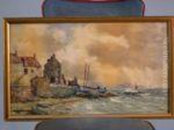 Figuresbeside A Fishing Boat In A Harbour Oil Painting by Richard Henry Nibbs