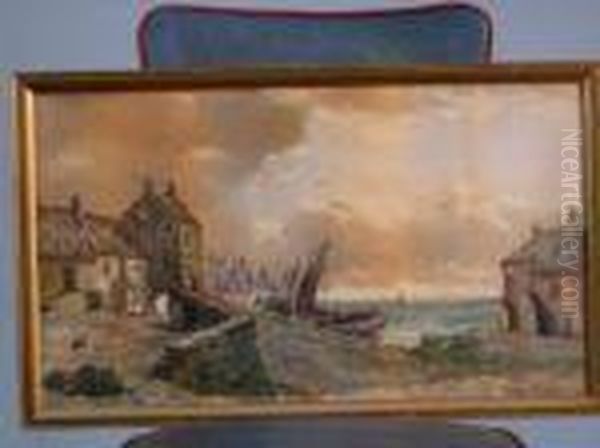 Figures In Afishing Village Oil Painting by Richard Henry Nibbs