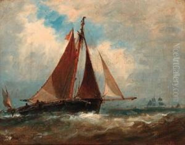 Fishing Trawlers At Sea; And Bringing Home The Catch Oil Painting by Richard Henry Nibbs