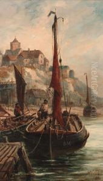 Fishing Boats In Shoreham Harbour Oil Painting by Richard Henry Nibbs