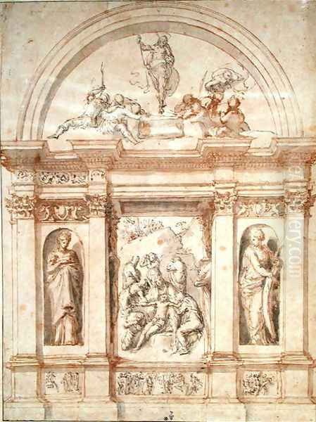 Design for the decoration of a chapel with the lamentation of Christ and the resurrection, c.1526-27 Oil Painting by Polidoro Da Caravaggio (Caldara)