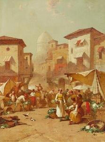 An Outdoor Market Oil Painting by George Washington Nicholson