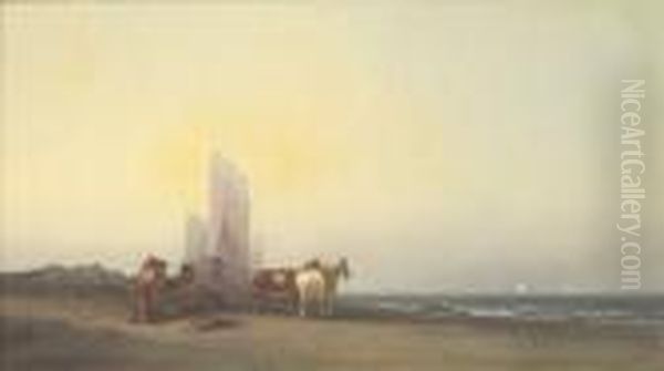 A Coastal View With Figures And Horses On A Beach Oil Painting by George Washington Nicholson