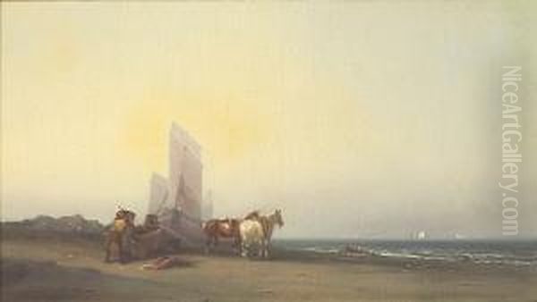 A Coastal View With Figures And Horses On A Beach Oil Painting by George Washington Nicholson