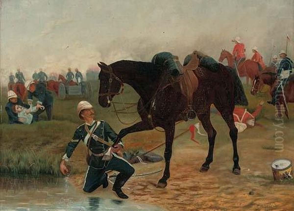 Colonial Battle Scene Oil Painting by George Washington Nicholson