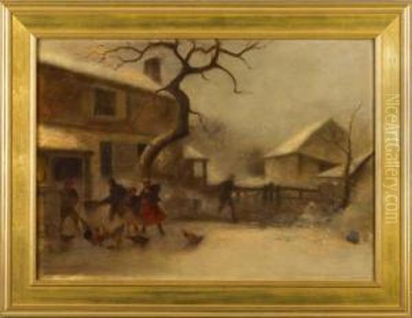 Winter Scene With Figures Outside A Farmhouse Oil Painting by George Washington Nicholson